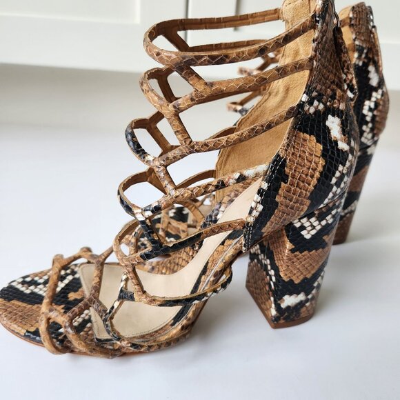 Schutz Juliana Block Snake Embossed Leather Caged Sandal Brown Sexy Edgy 10 1/2 - Picture 4 of 10